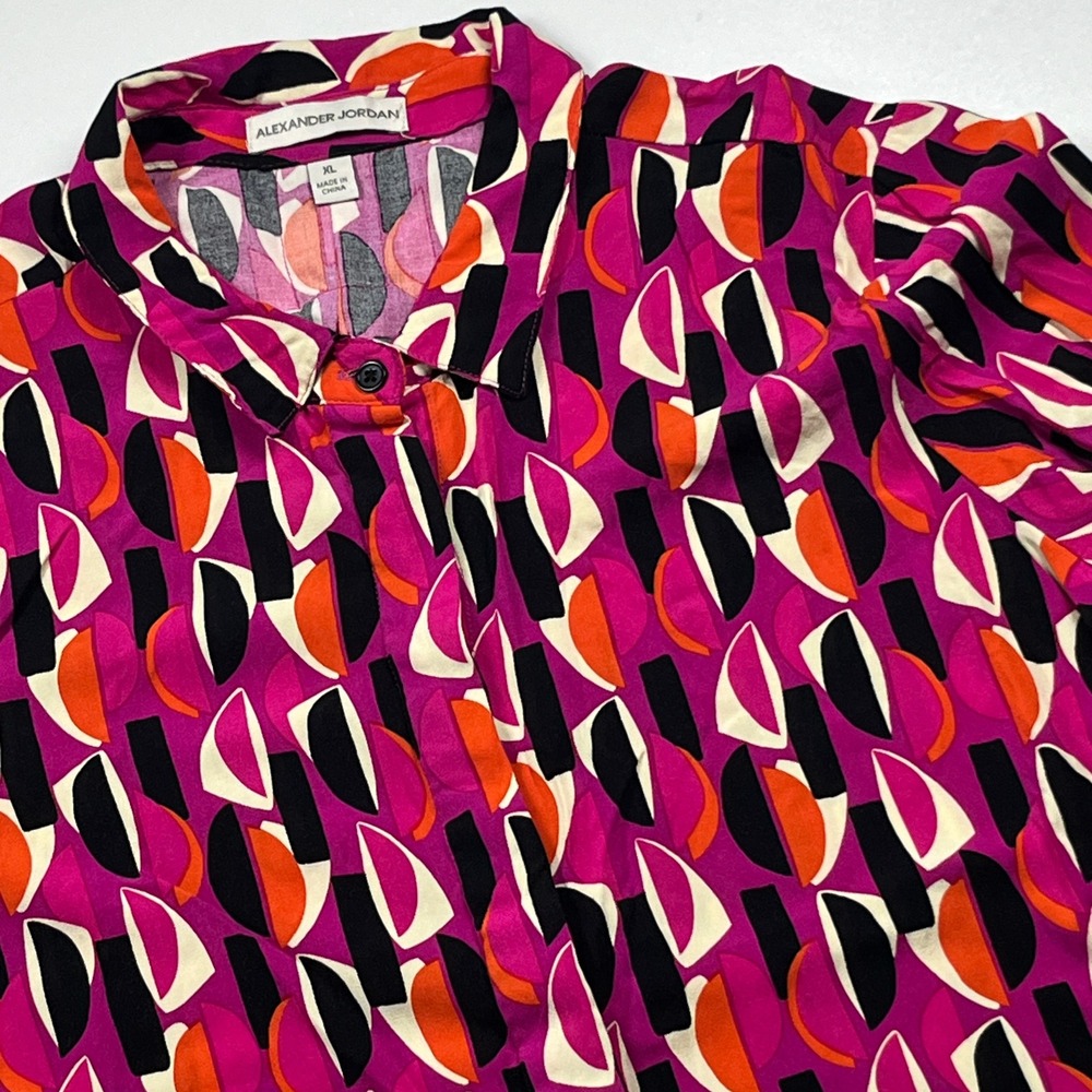 Alexander Jordan Abstract Geometric Rayon Button Down Blouse Size XL Multicolor